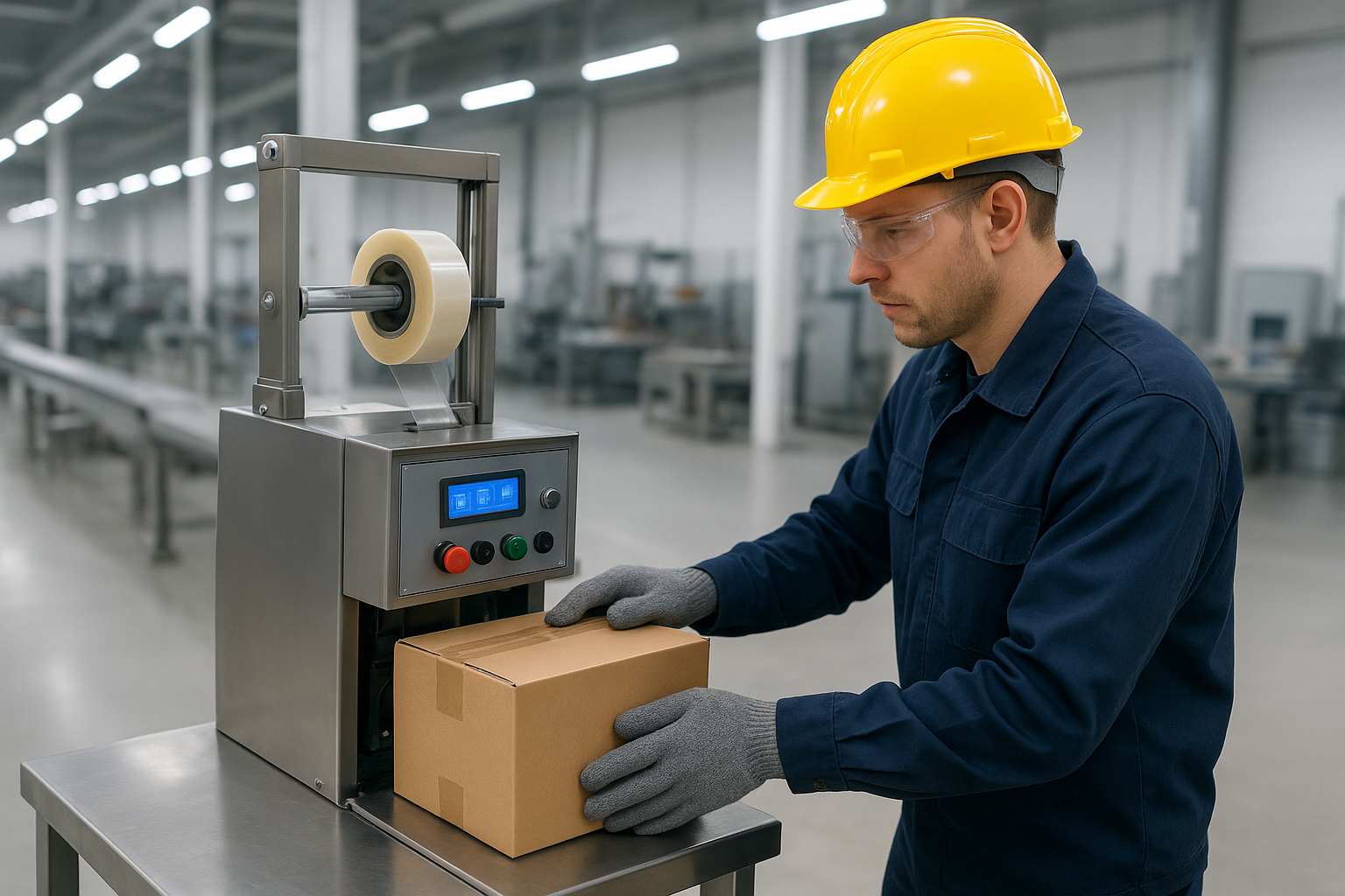 Hình ảnh minh họa một người công nhân đang làm việc với một máy đóng gói bán tự động nhỏ gọn.